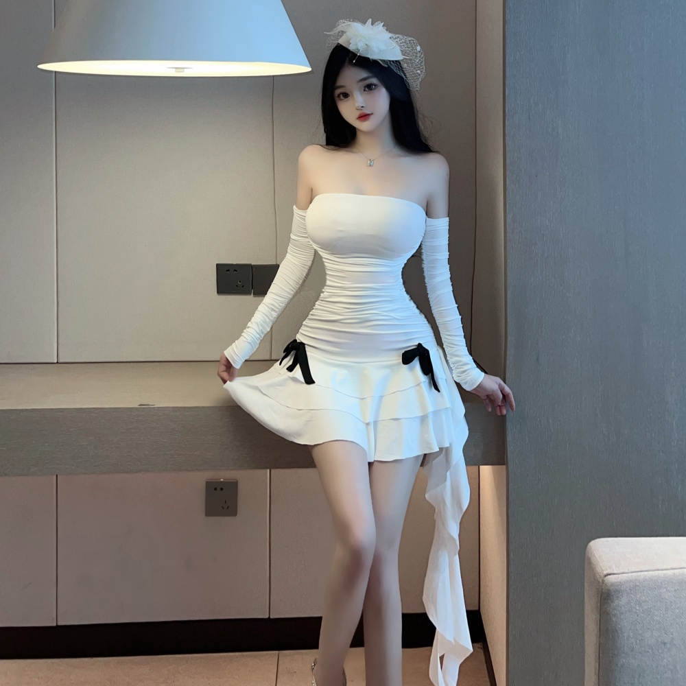 Horizontal collar multilayer white tight dress for women