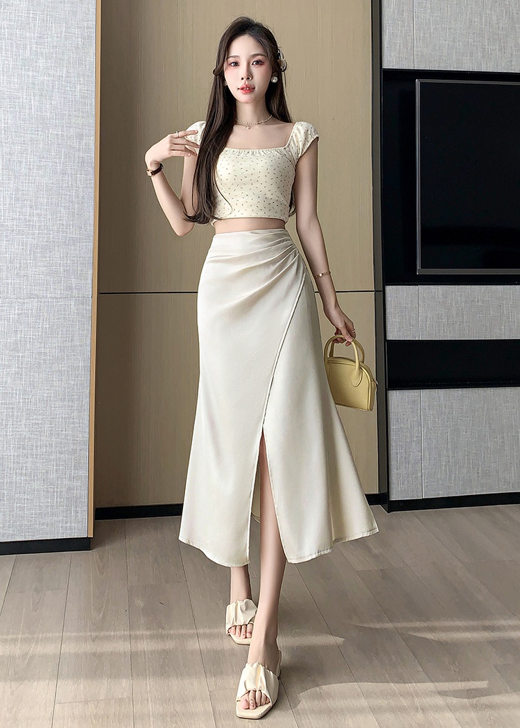 Chinese style satin long retro fold skirt for women
