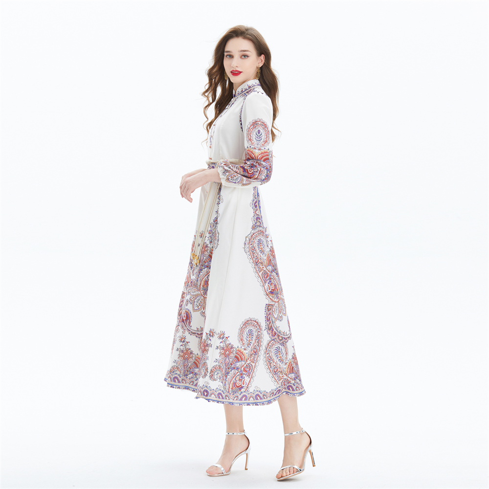 Retro spring long dress pinched waist printing jumpsuit
