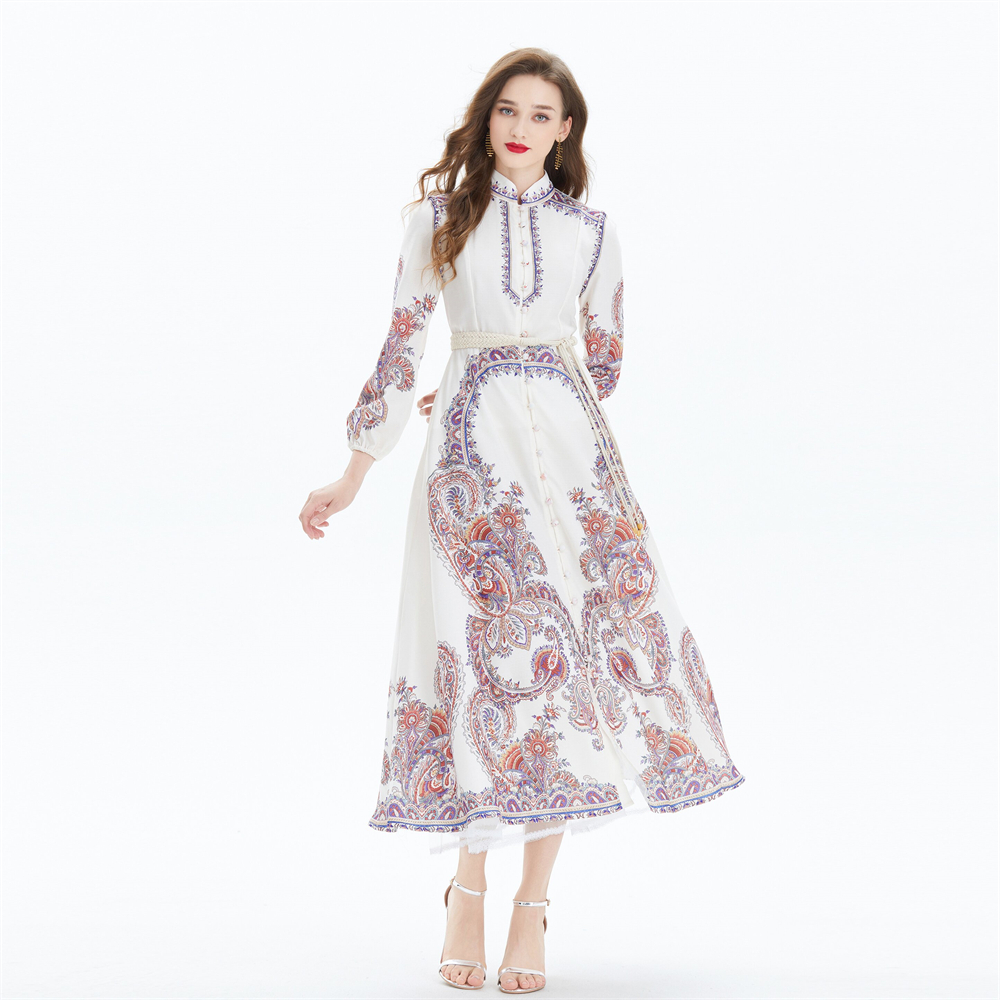 Retro spring long dress pinched waist printing jumpsuit