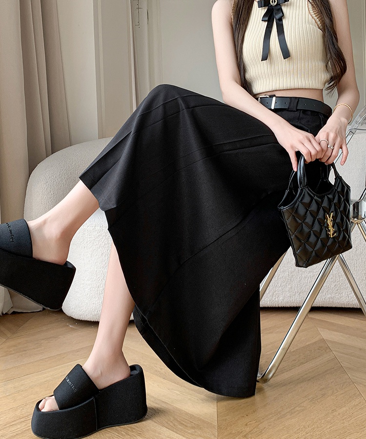 Pleated high waist business suit exceed knee long skirt