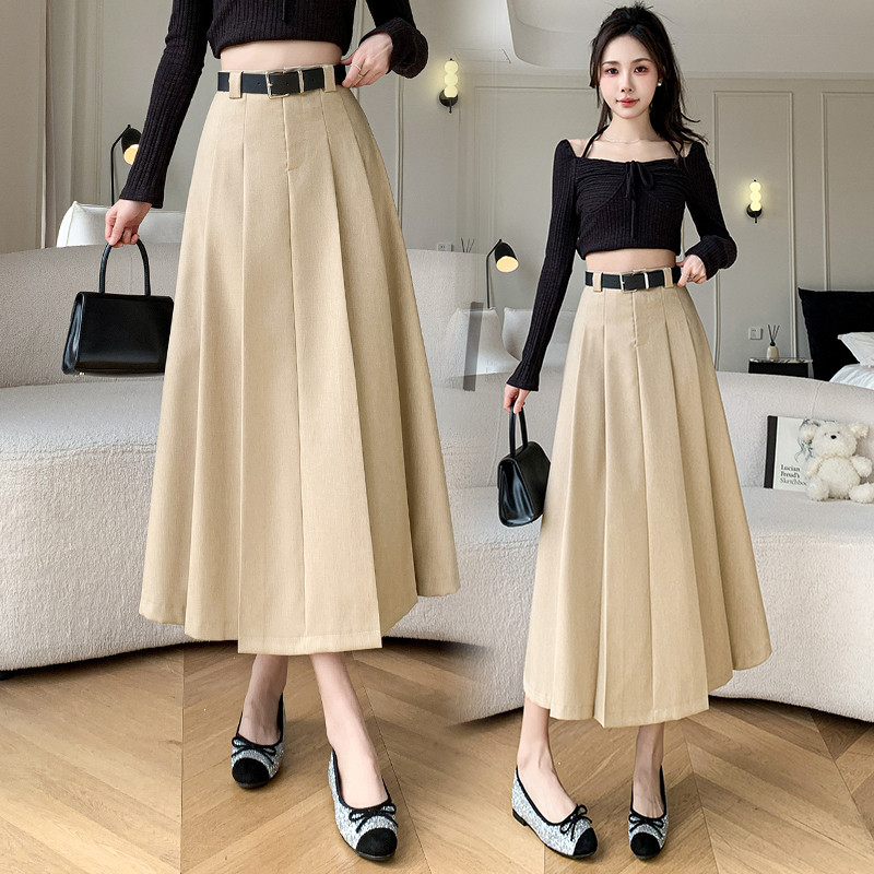 Pleated high waist business suit exceed knee long skirt