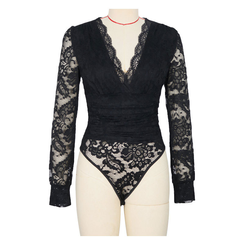 Lace spring long sleeve black leotard for women