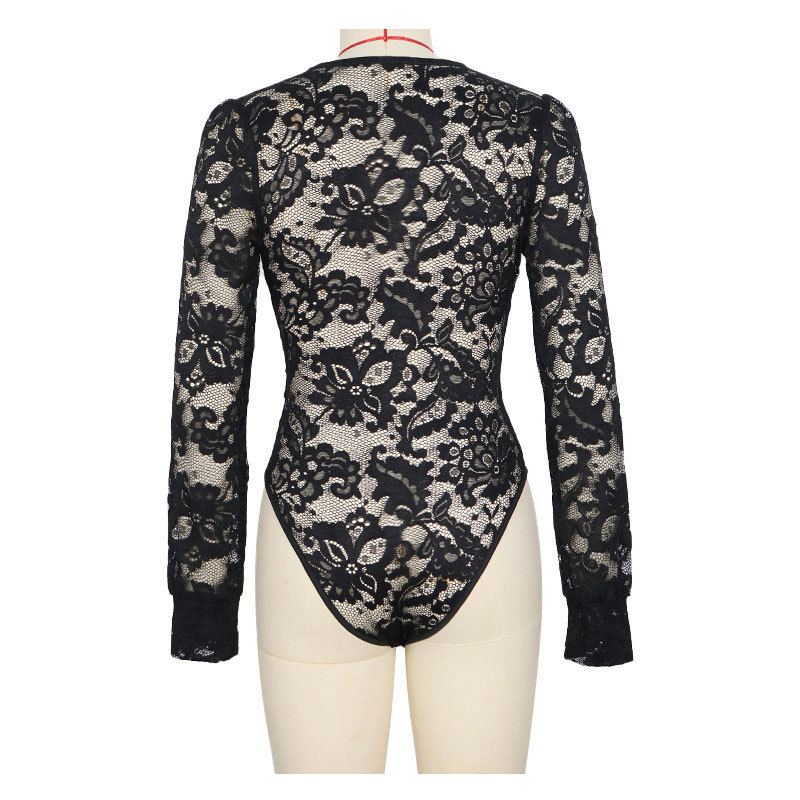 Lace spring long sleeve black leotard for women