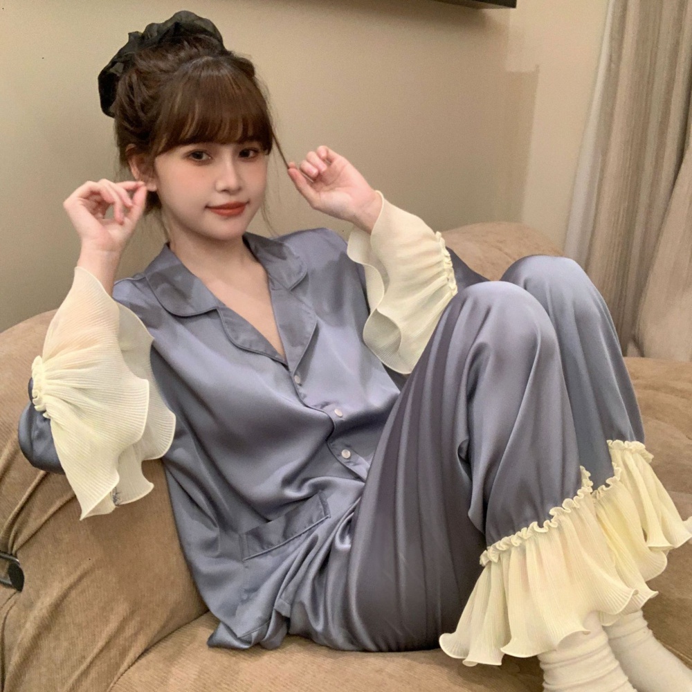 Long sleeve homewear sweet style ice silk pajamas