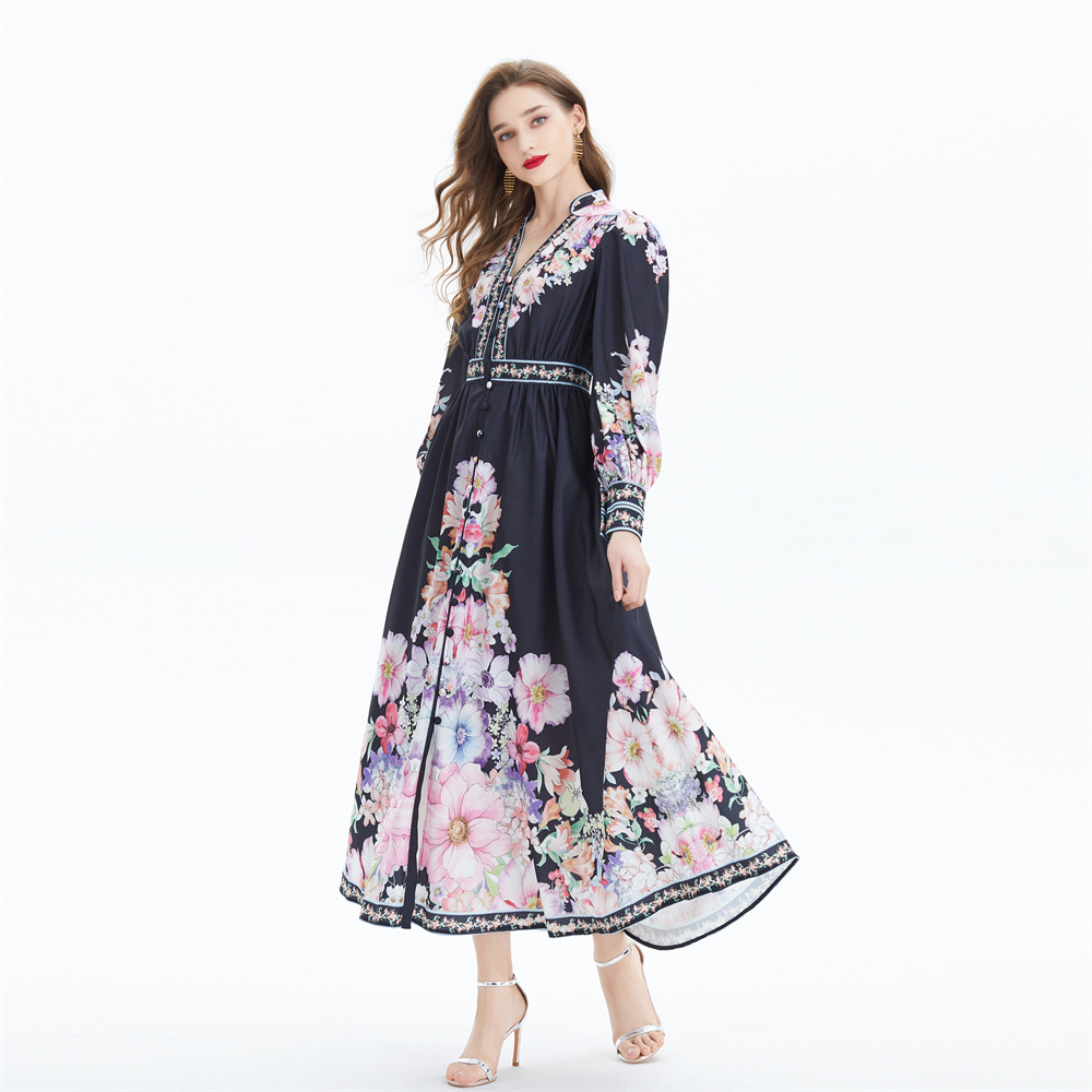 Pinched waist national style V-neck flax long dress