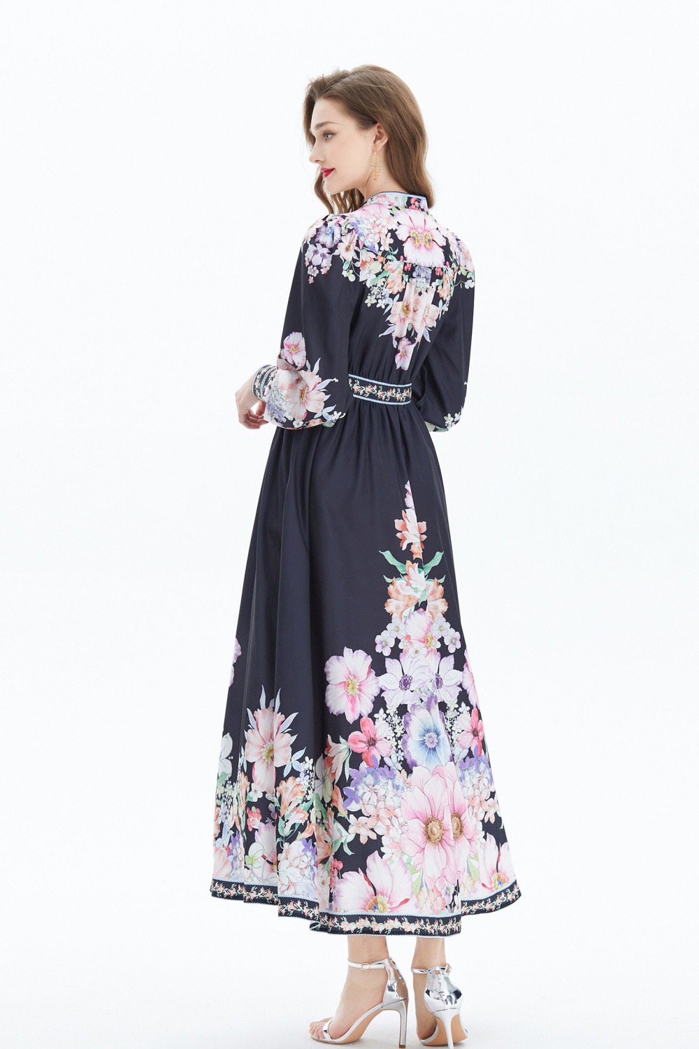 Pinched waist national style V-neck flax long dress