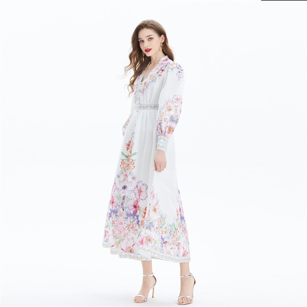 Pinched waist flowers national style long dress