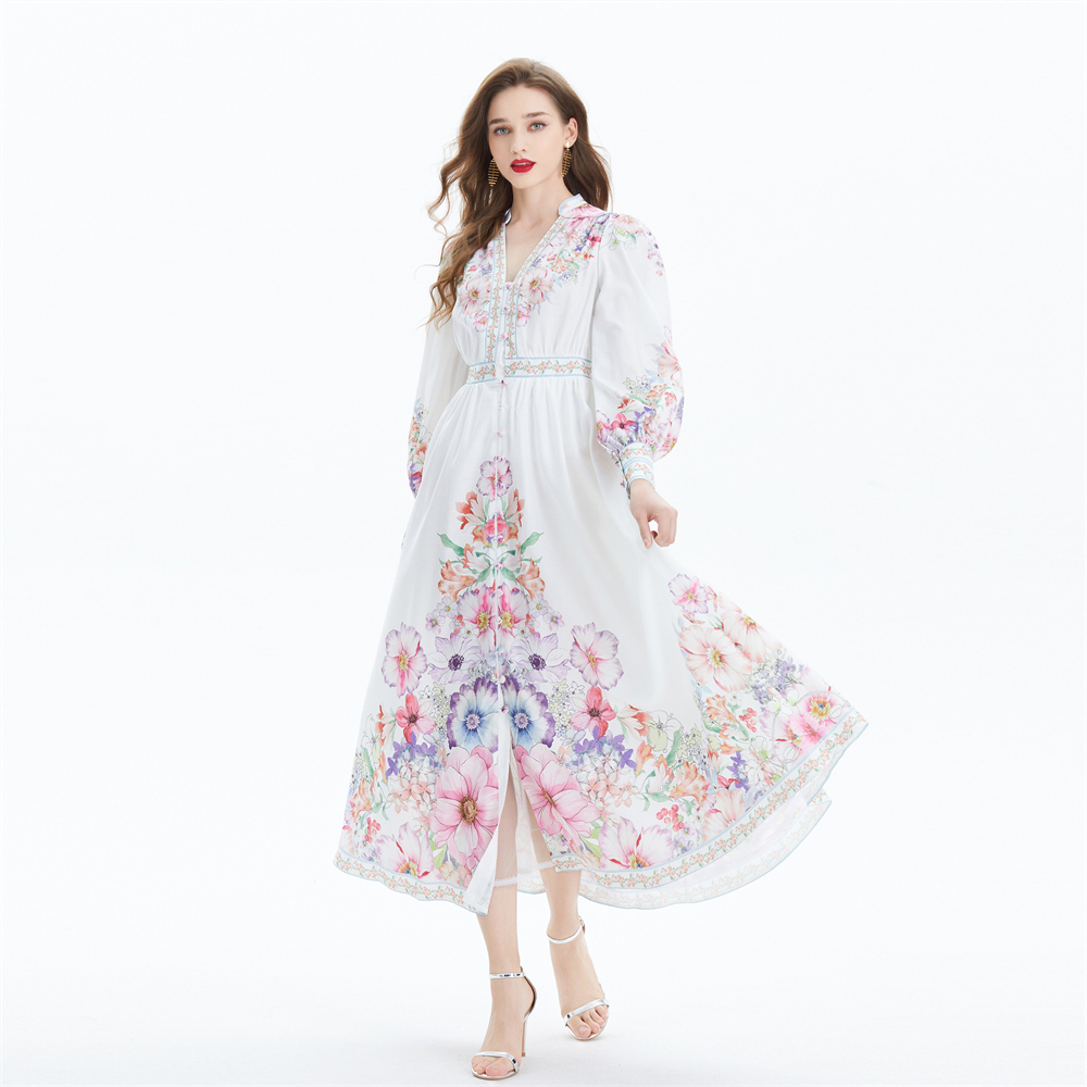 Pinched waist flowers national style long dress