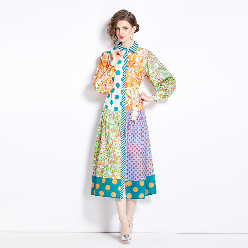 Lapel fashion mixed colors shirt temperament lantern dress