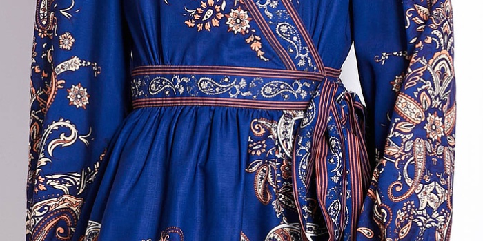 Spring and summer navy blue dress printing retro belt