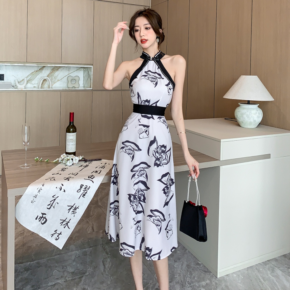 Elegant Chinese style halter dress retro ink cheongsam