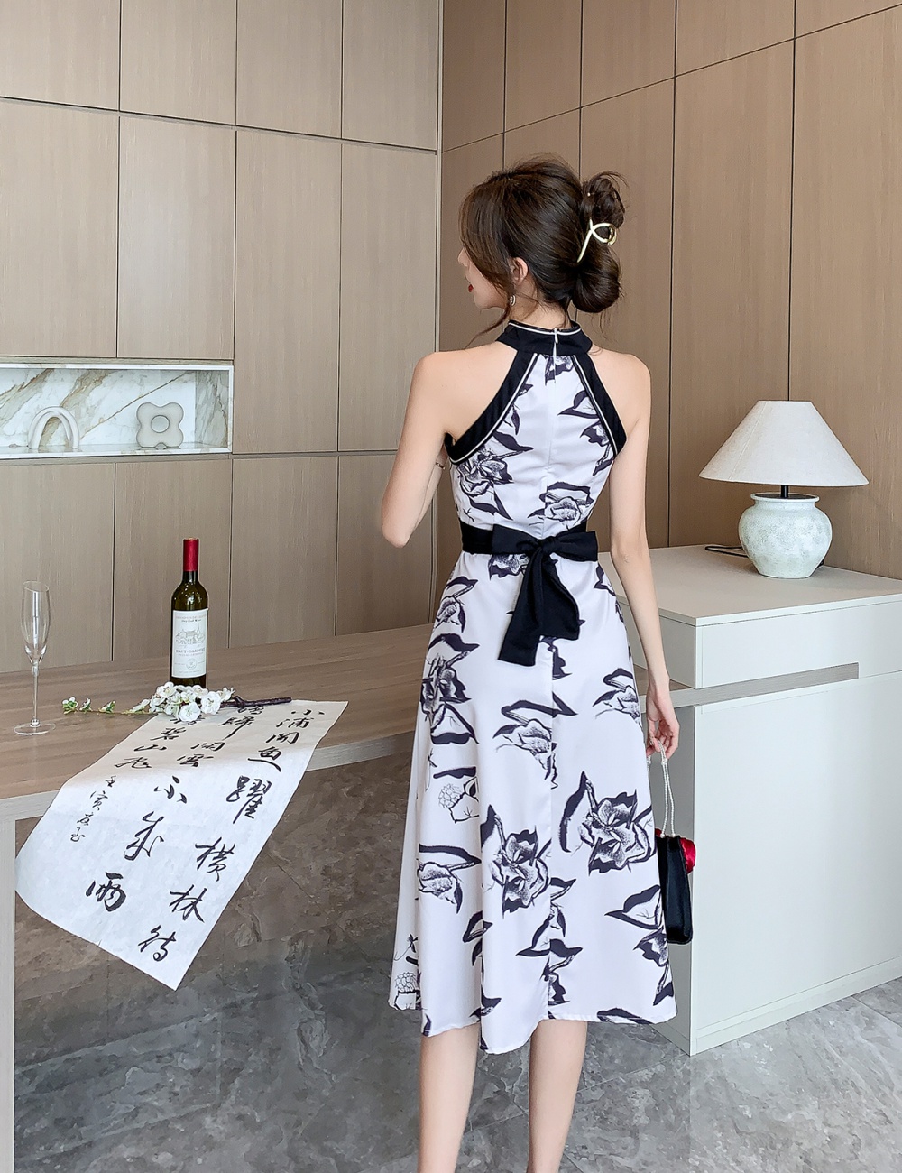 Elegant Chinese style halter dress retro ink cheongsam