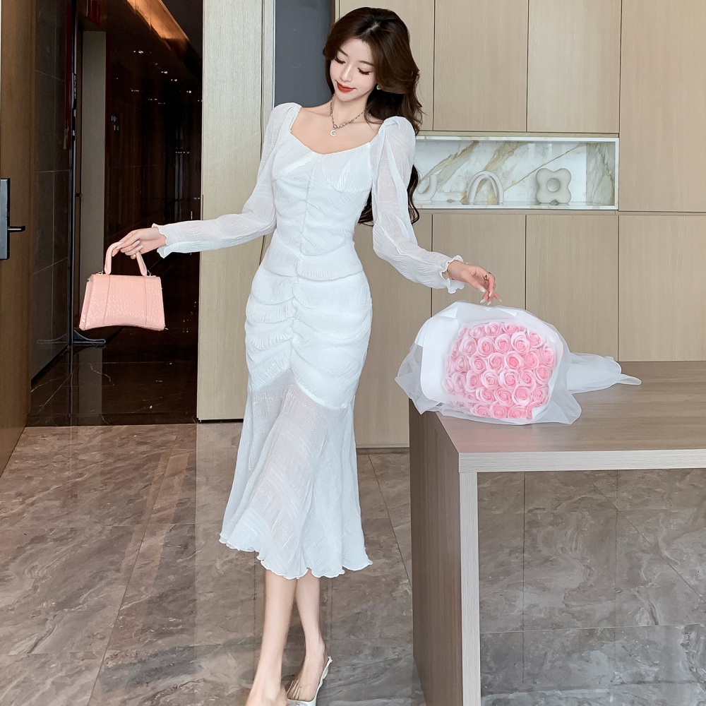 Long sleeve vacation liangsi dress white slim long dress