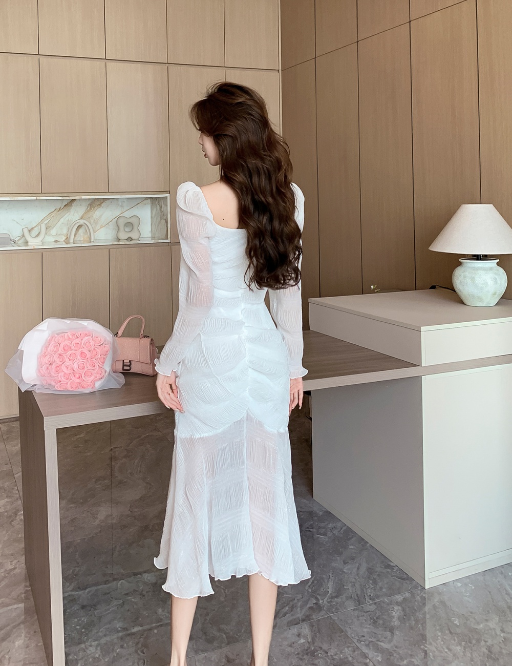 Long sleeve vacation liangsi dress white slim long dress