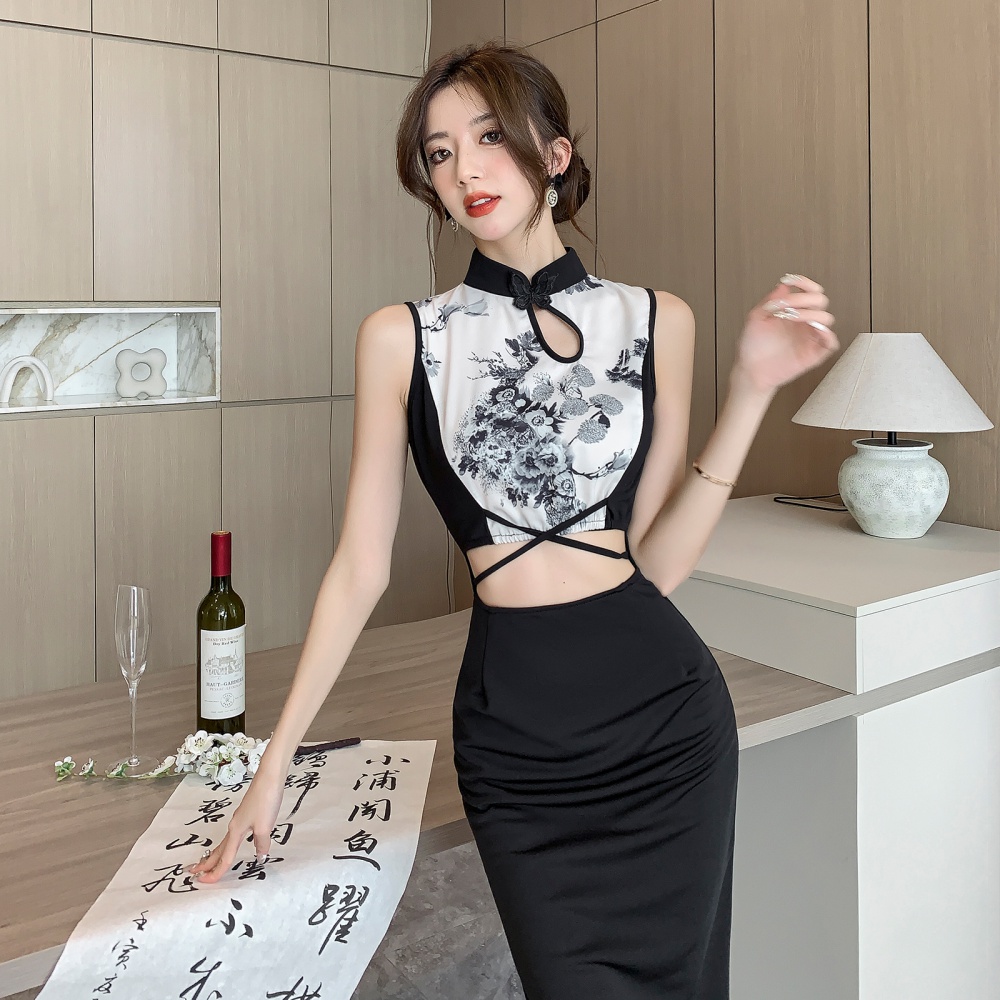 Chinese style split slim long dress enticement hollow retro dress