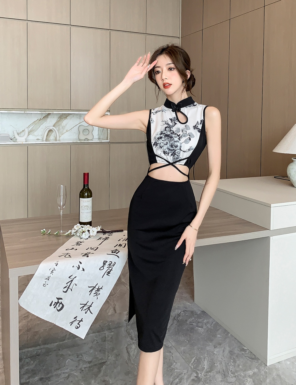 Chinese style split slim long dress enticement hollow retro dress