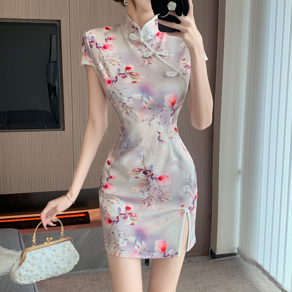 Printing short split dress retro maiden Chinese style cheongsam