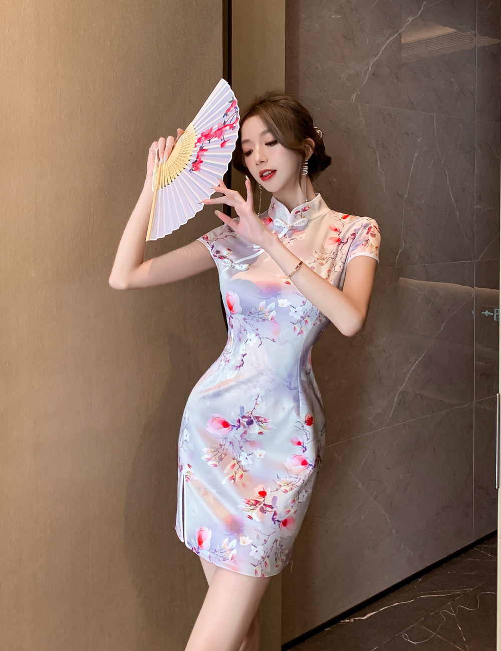 Printing short split dress retro maiden Chinese style cheongsam