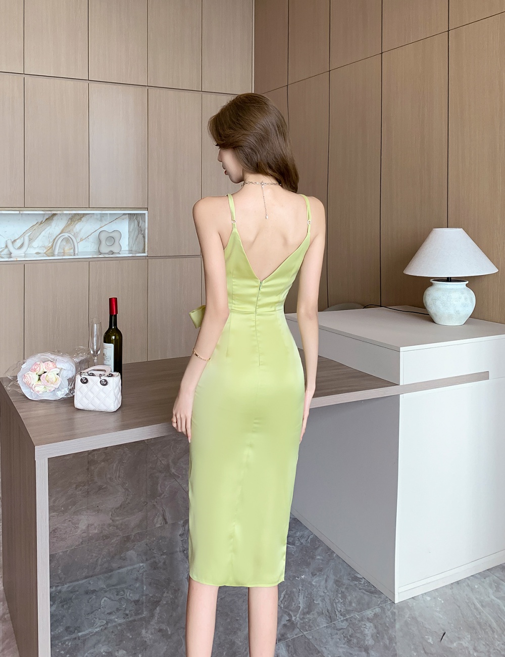 Low-cut summer long dress pinched waist V-neck dress