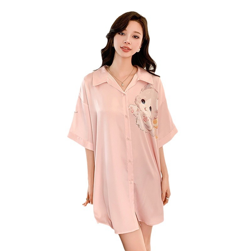 Lapel loose cardigan silk summer night dress for women