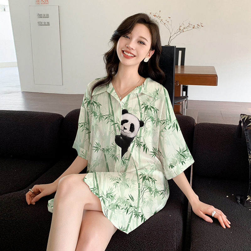 Summer silk night dress panda lapel cardigan for women