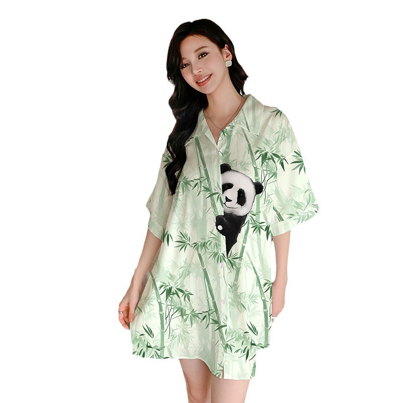 Summer silk night dress panda lapel cardigan for women