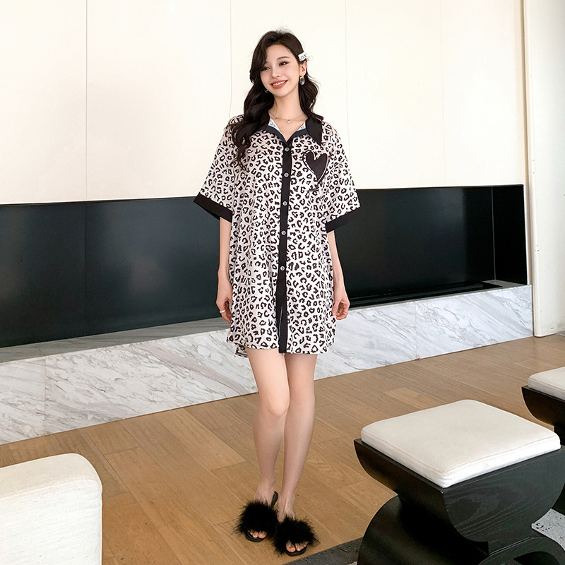 Satin homewear leopard cardigan summer heart pajamas for women