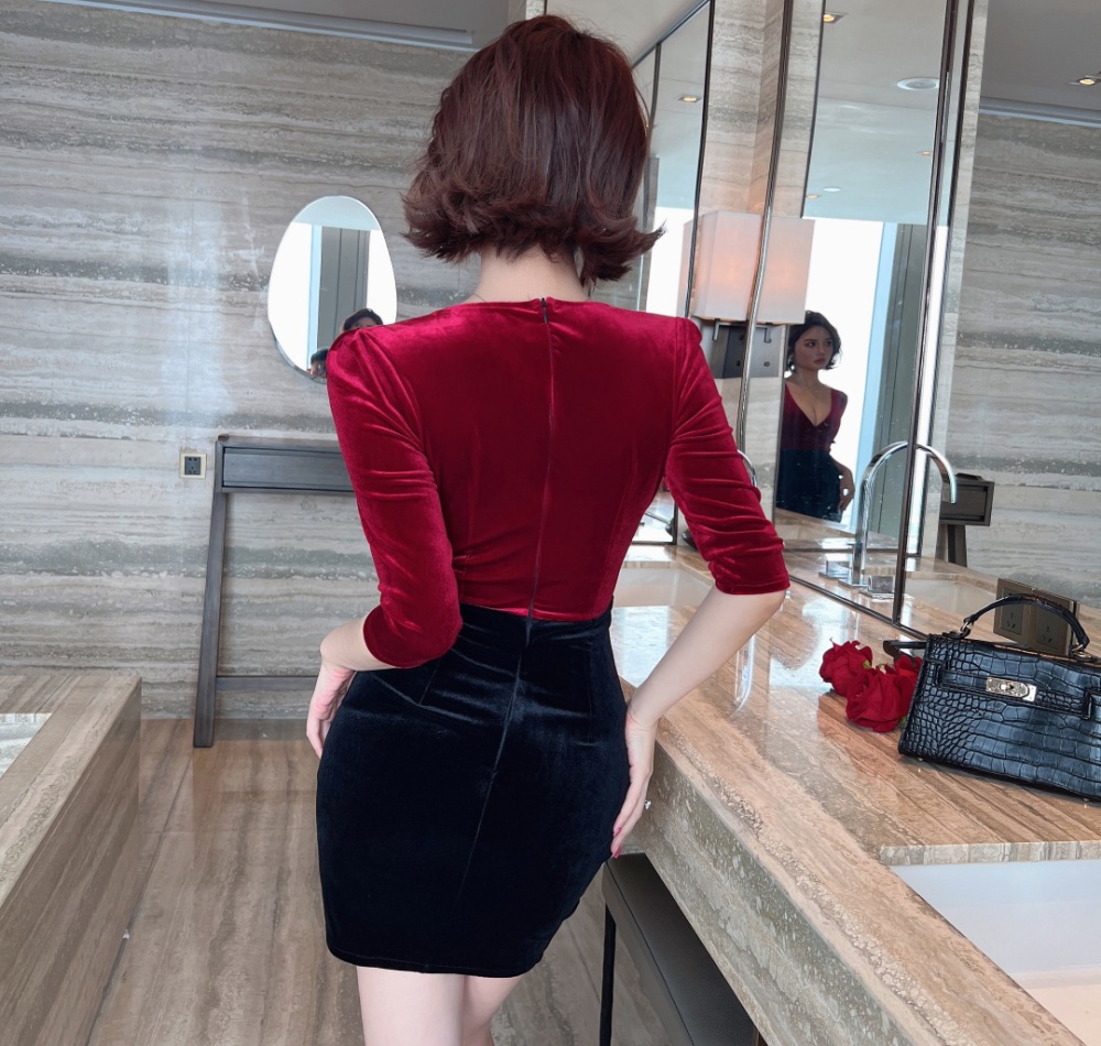 V-neck velvet pinched waist dress wine-red sexy T-back