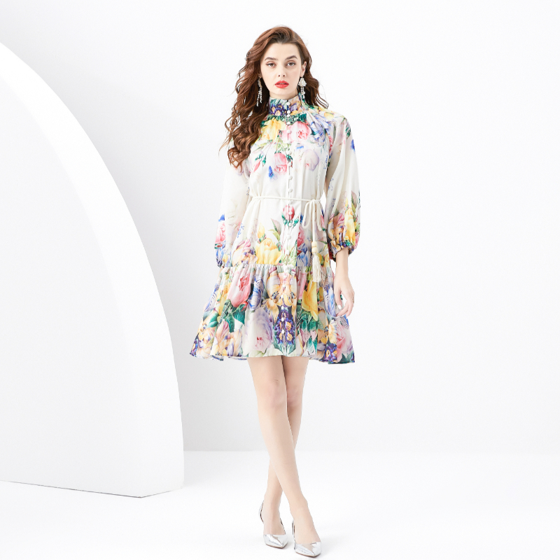 Spring and summer painted cstand collar dress