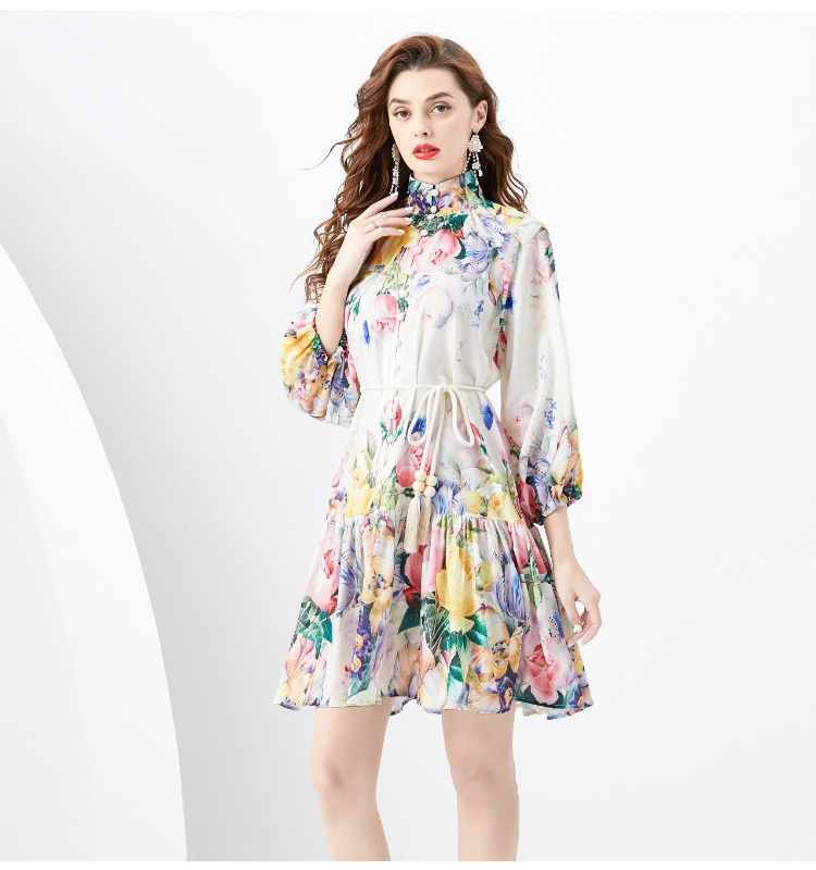 Spring and summer painted cstand collar dress