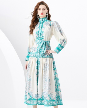 Cstand collar court style printing dress