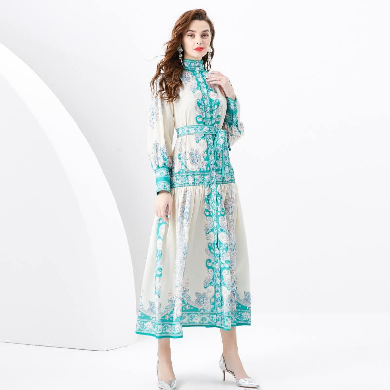 Cstand collar court style printing dress