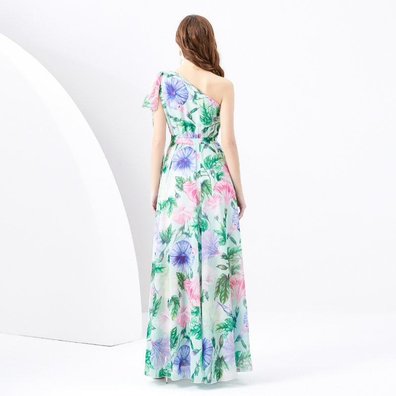 Vacation spring and summer shoulder streamer printing dress
