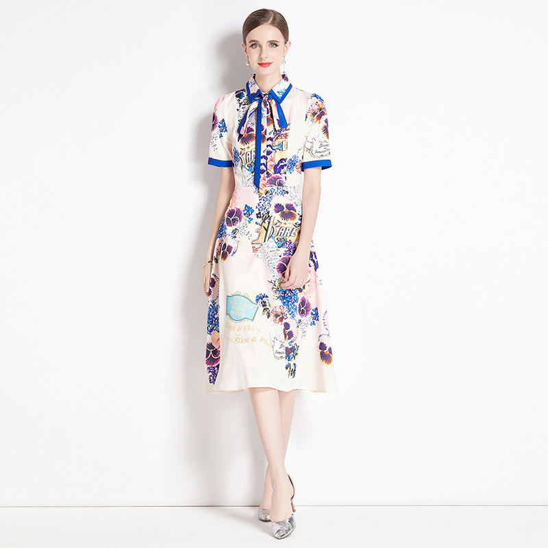 With belt fashion pinched waist printing all-match dress