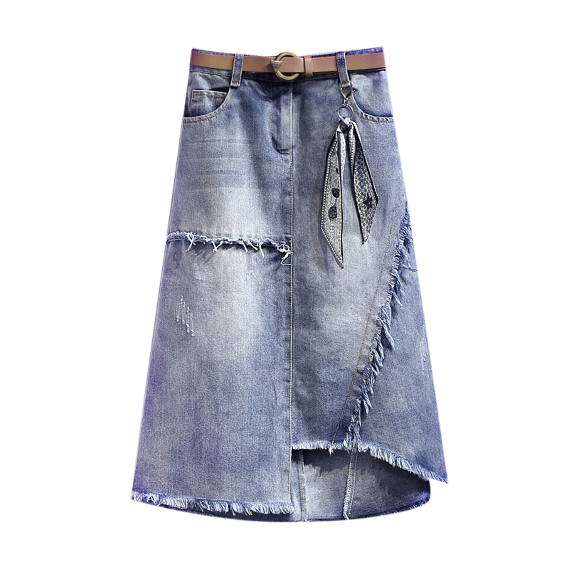 Long asymmetry denim skirt A-line high waist skirt