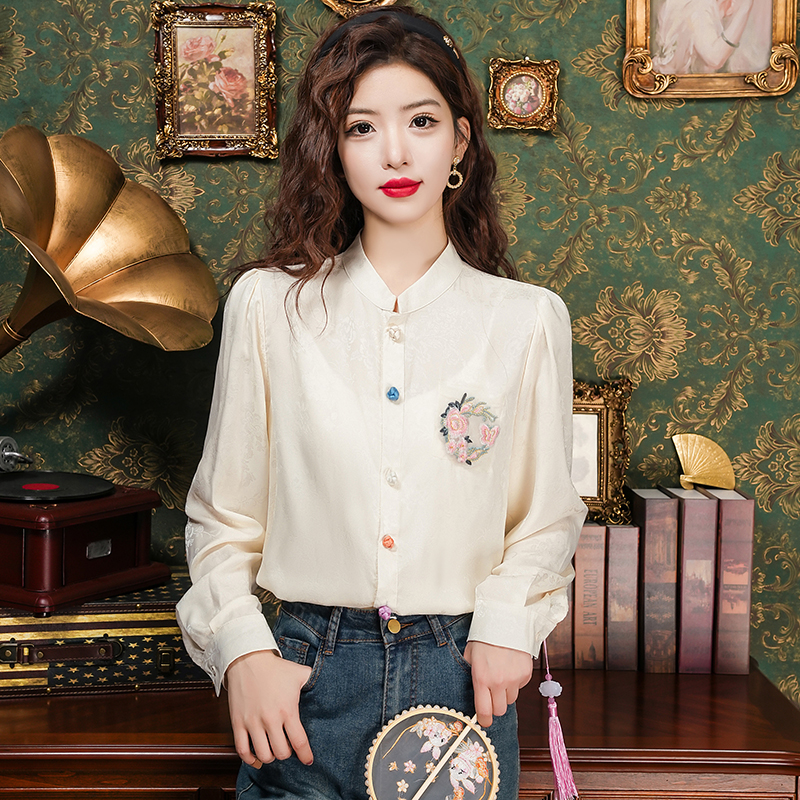 Chinese style spring shirt round neck tops for women