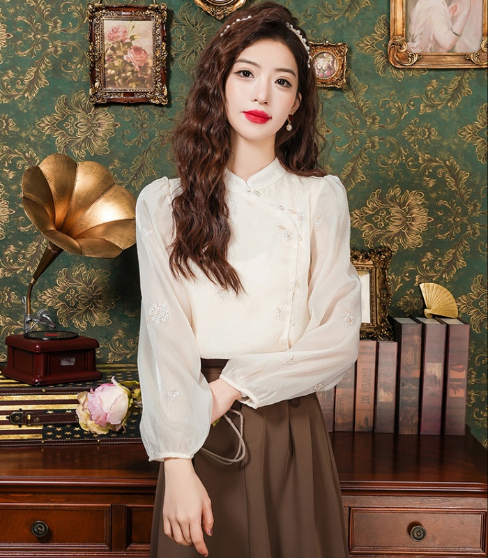 Embroidered spring tops cstand collar shirt for women