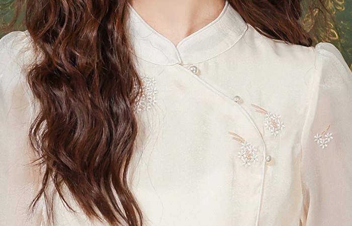 Embroidered spring tops cstand collar shirt for women