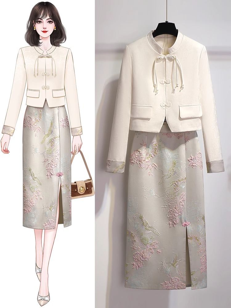Satin Chinese style fashionable embroidery skirt 2pcs set