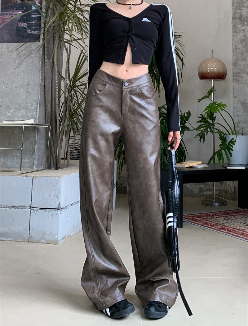 American style wide leg straight all-match leather pants