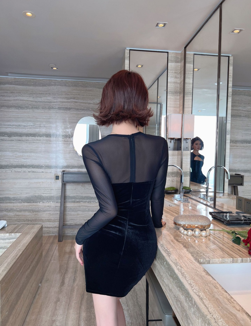 Sexy hollow show chest T-back package hip gauze dress