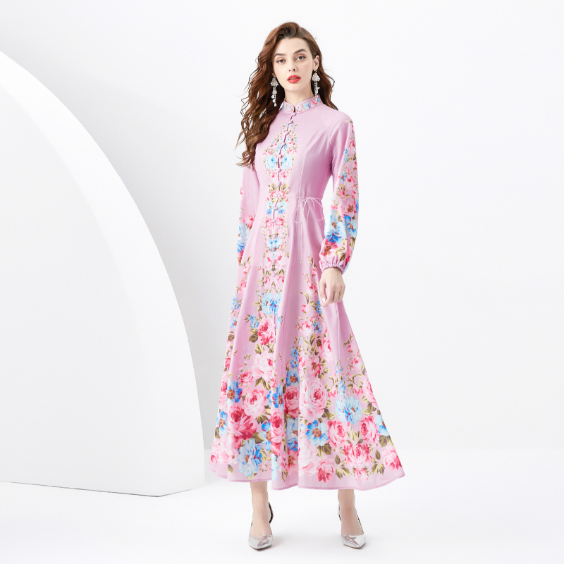Single-breasted vacation long retro cstand collar dress