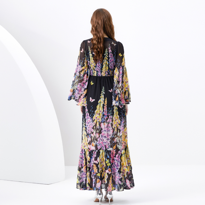 Spring and summer retro V-neck painted printing long dress