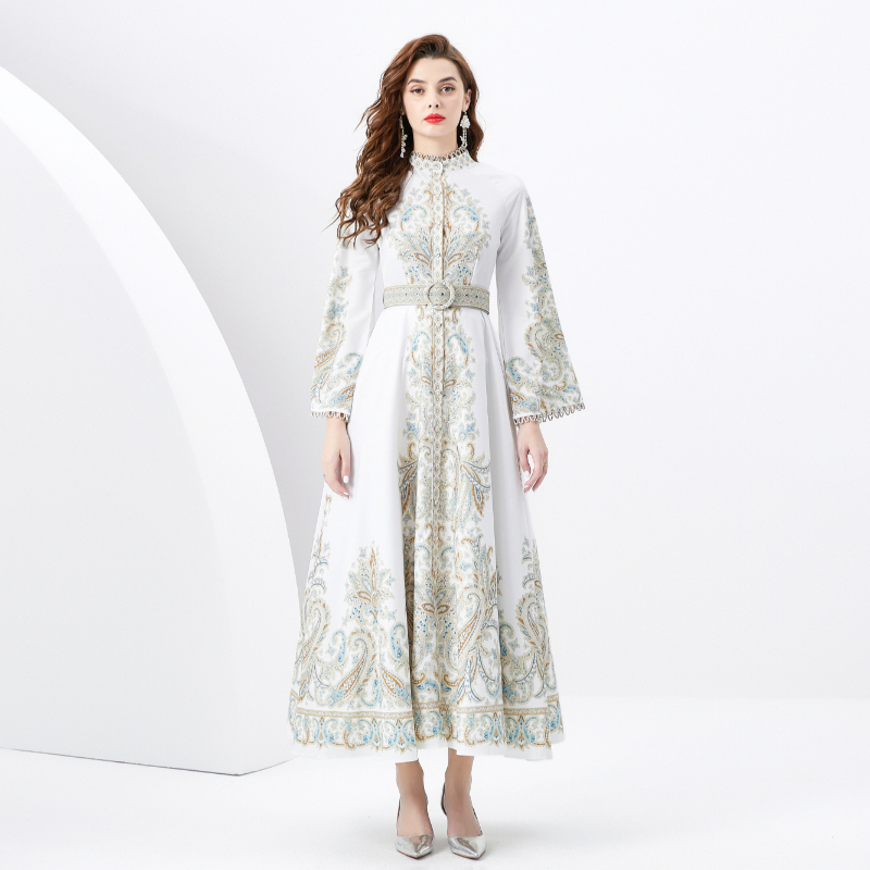 Lace trumpet sleeves printing placket long dress