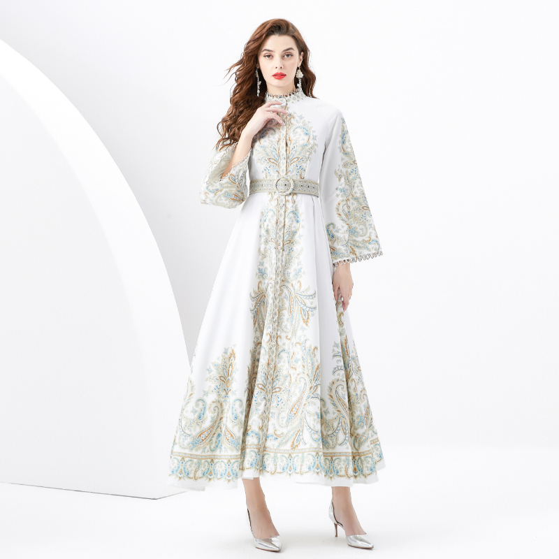 Lace trumpet sleeves printing placket long dress