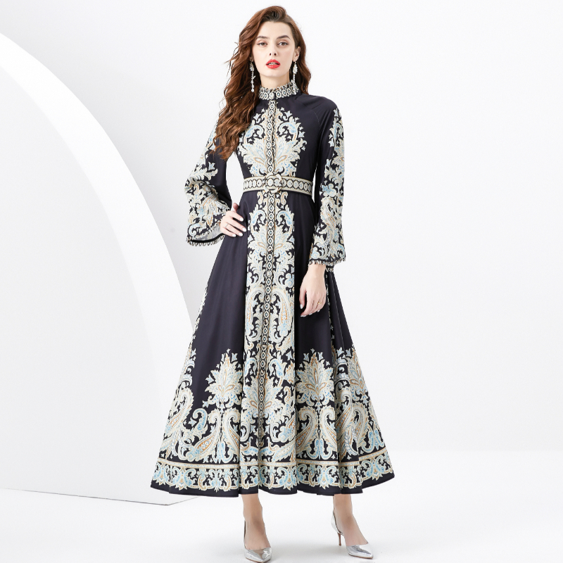Long placket cstand collar court style printing dress