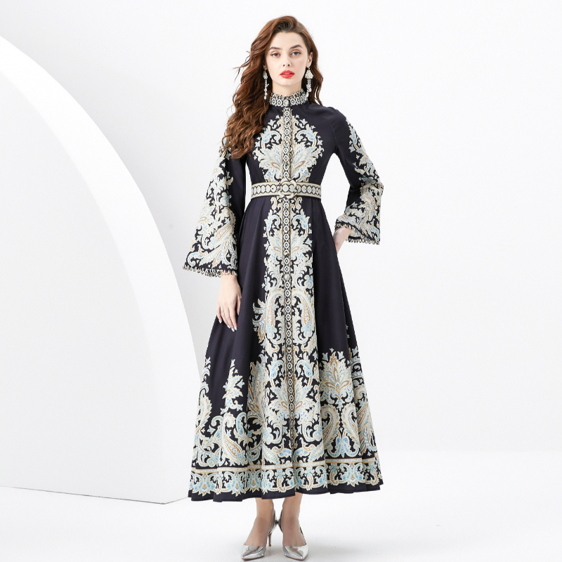 Long placket cstand collar court style printing dress