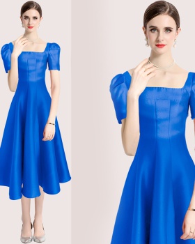Hepburn style square collar formal dress pinched waist dress