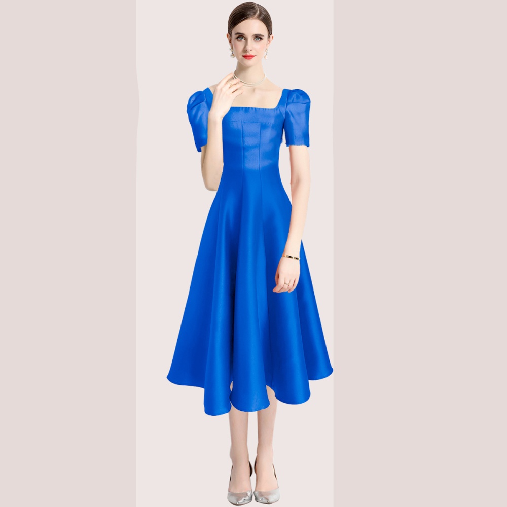 Hepburn style square collar formal dress pinched waist dress